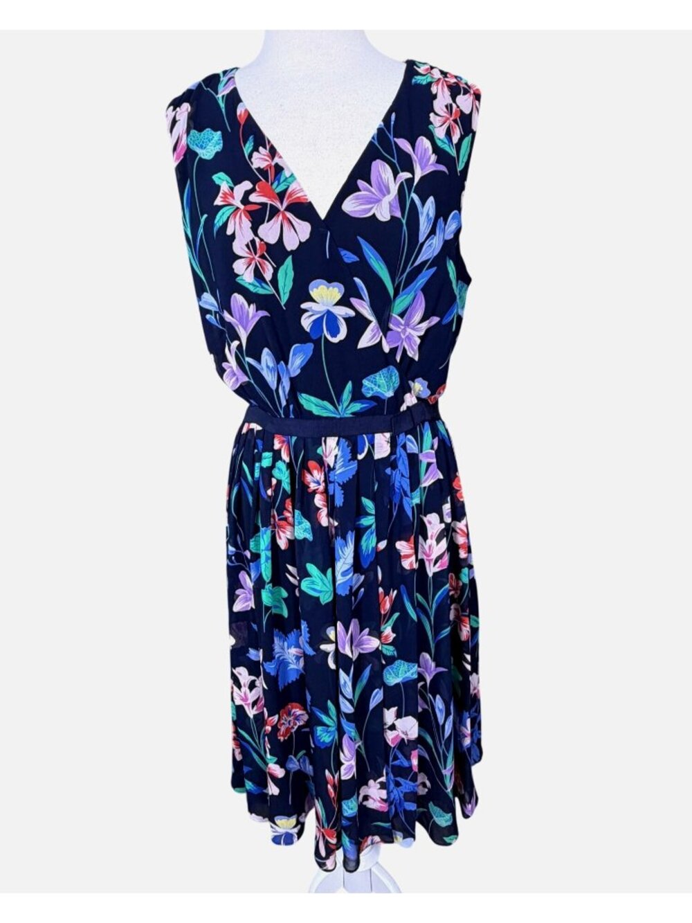 Talbots Sleeveless V-Neck Floral Chiffon Fit n Flare Floral Surplice Dress 16